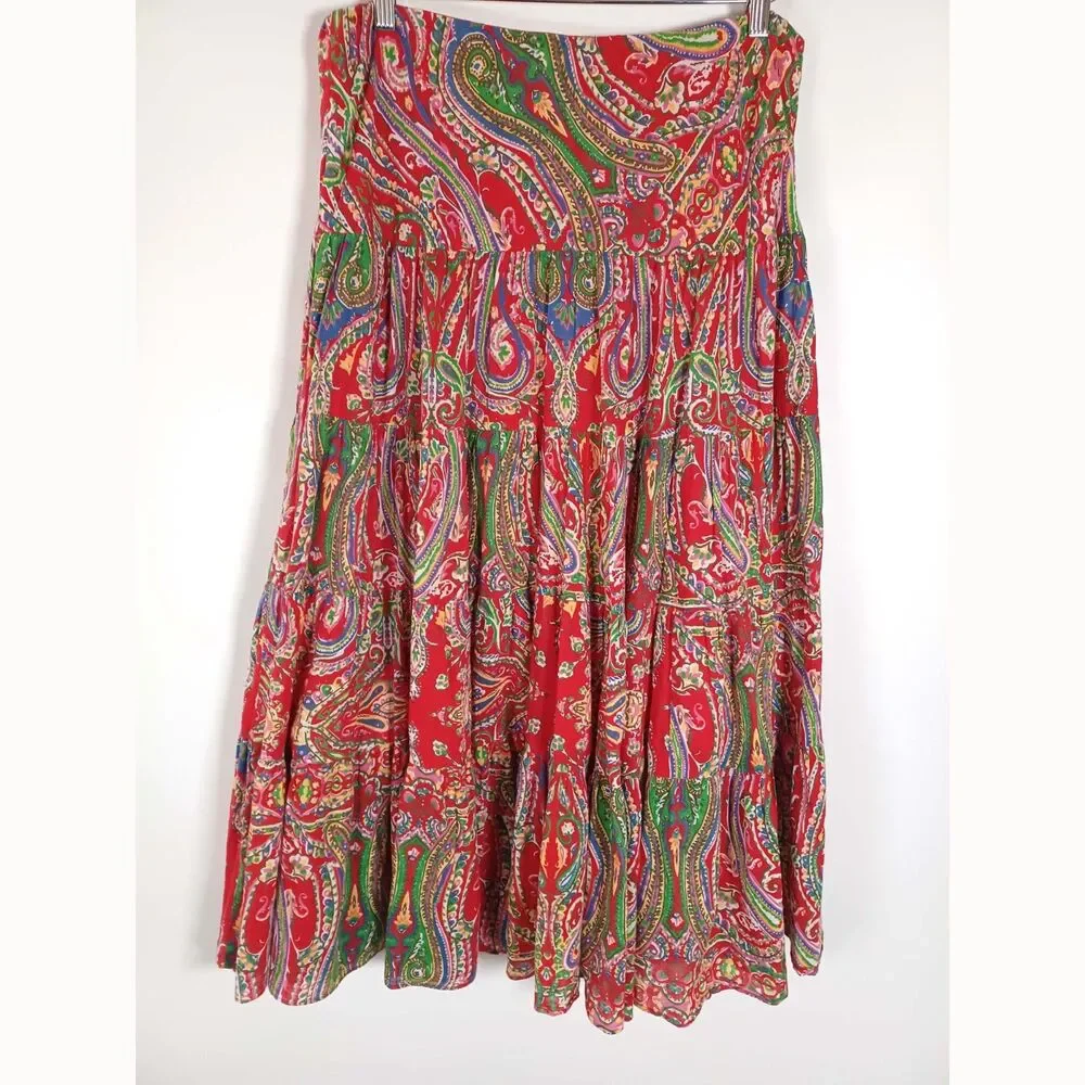 Lauren Ralph Lauren Maxi Skirt Medium Paisley Tiered Festival Boho Lined Western - Picture 2 of 6